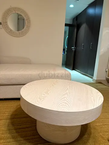 Modern Round Pedestal Coffee Table – Whitewashed Wood Finish