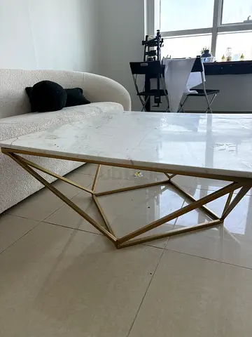 URGENT SALE - Teapoy - White Marble Top Coffee Table with Gold Geometric Base
