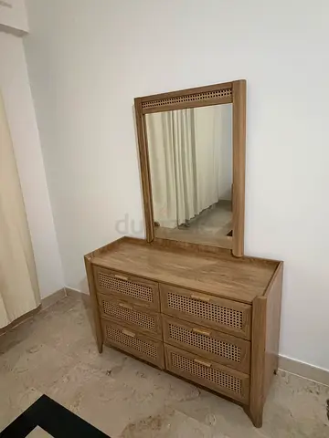 King wooden bed frame with mattress and two bedside tables and vanity - good condition