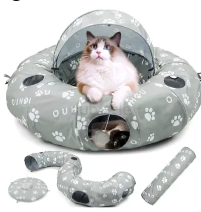Multi-opening Cat Lounger with Canopy and Toy - Foldable Play Bed