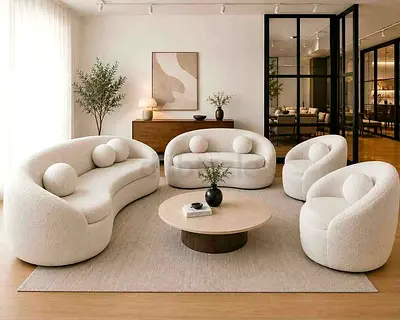 Brand new Modern Curved Bouclé Sofa Set (3-piece seating + 2 chairs) - Beige