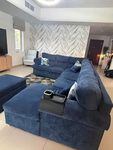 Large U-shaped navy blue fabric sectional sofa - good condition