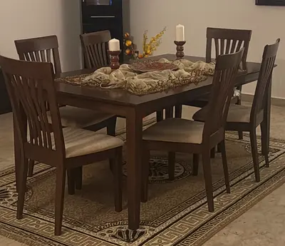 Solid wood 6-seater dining table with chairs - dark brown