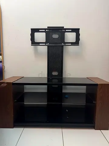 TV Stand with Wall Mount and Glass Shelves - Dark Wood Finish