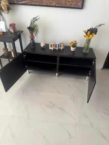 Black low TV cabinet / media console with storage shelves