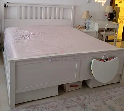 Urgent 180x200cm IKea White bed frame with storage drawers and mattress plus topper- all for 300 dhs