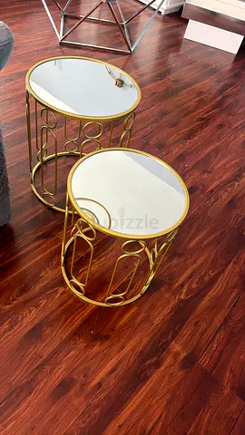 Set of 2 Gold Metal Round Nesting Side Tables with Glass Tops