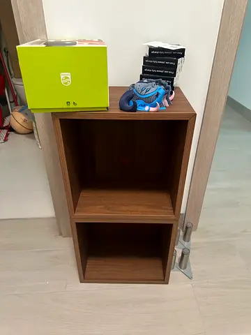 Small wooden bedside/side table with two open shelves