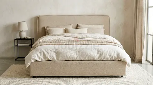 Valvet upholstered King bed with paded headboard