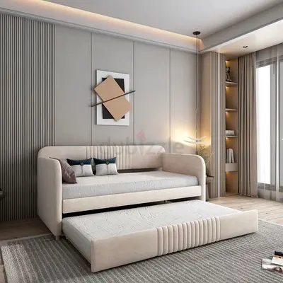 Modern cream fabric sofa bed with pull-out trundle