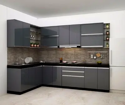 L-shaped Glossy Grey Modular Kitchen Cabinets - Complete Set