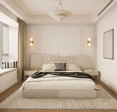 Modern upholstered double bed with curved headboard
