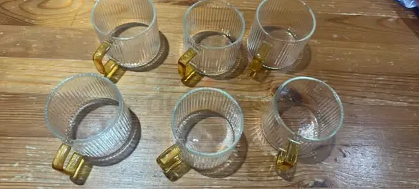 Set of 6 Ribbed Glass Coffee Cups with Gold Handles