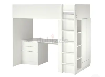 White loft bed with integrated desk, drawers and wardrobe - good condition