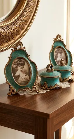 Vintage-style green & gold photo frame and trinket jars set
