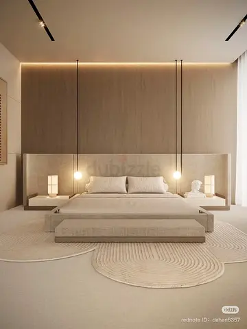 Minimalist king-size platform bed with integrated headboard and bench