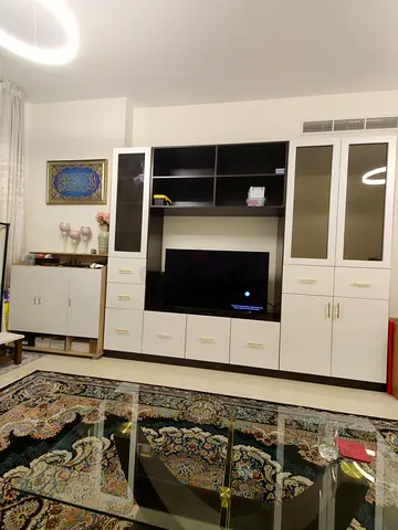 Large White and Dark Wood Entertainment TV Unit with Glass Cabinets