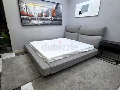 Modern Grey Fabric Double Bed with Padded Headboard - Good Condition