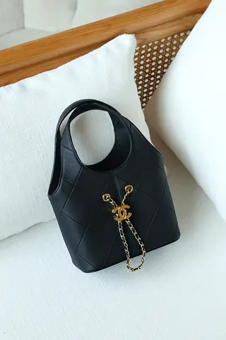 Black Quilted Leather Handbag with Gold Chain Charm