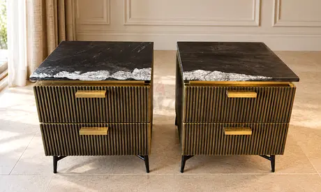 Luxury Fluted Bedside Tables - Black Marble & Gold Brass Finish (Set of 2) +Delivery 🚘