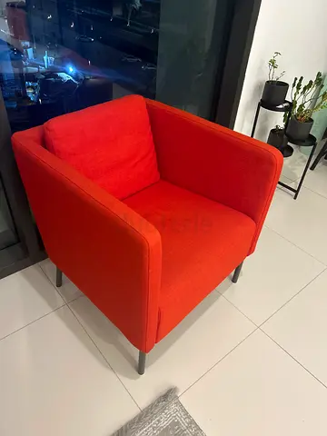 Red Fabric Armchair with Metal Legs - Good Condition