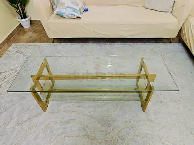 Golden Metal & Glass Square Coffee Table & TV Table Set - Modern Design