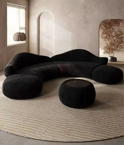 Curved Modular Black Velvet Sofa with Ottoman - Modern Lounge