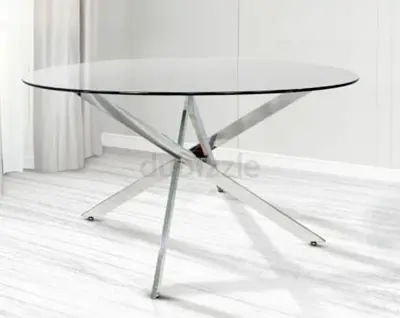 Modern Round Glass Dining Table with Stainless Steel Cross Legs