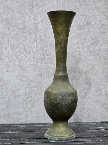 Tall Antique Brass Engraved Vase