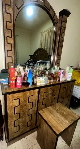 5- Piece Bedroom Set: Wooden Bed, Dresser with Large Mirror & Matching Stool (Good Condition)