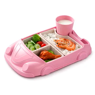 Pink Car-Shaped Divided Kids Plate with Cup - 3 Compartments