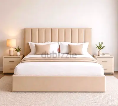 Beige Upholstered Double Bed with Headboard - Modern Minimalist