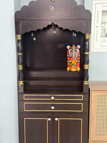 Solid wood pooja mandir with storage cabinet and drawers
