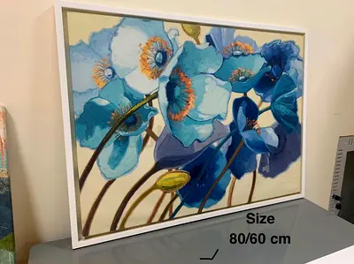 Framed Blue Floral Painting 80x60 cm — Modern Wall Art