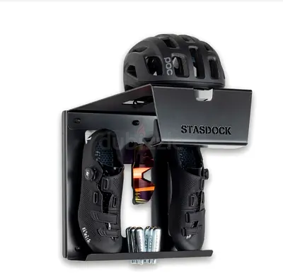 Stasdock - Happy Black - Wall-mounted cycling gear rack — helmet, shoes and accessories organizer.