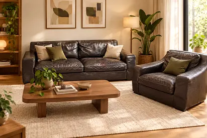 Real 3-Seater Leather Sofa and Armchair Set in Dark Brown