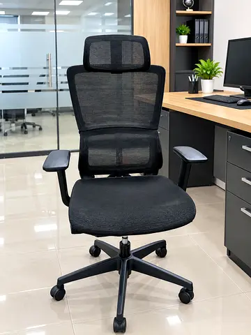 Ergonomic Black Mesh Office Chair with Headrest - Good Condition