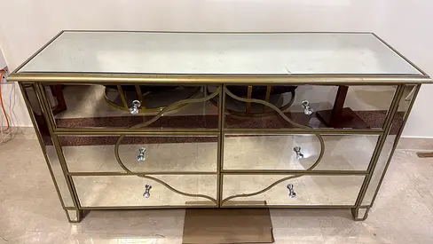Mirrored 6-Drawer Dresser / Console Table with Gold Trim