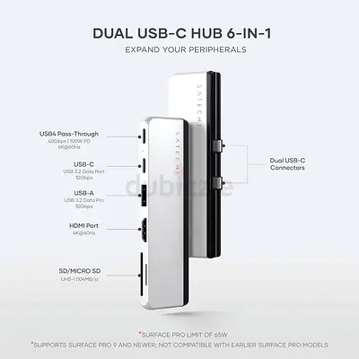 Satechi Dual USB-C 6-in-1 Hub for Surface Pro 11/10/9, Multiport Adapter