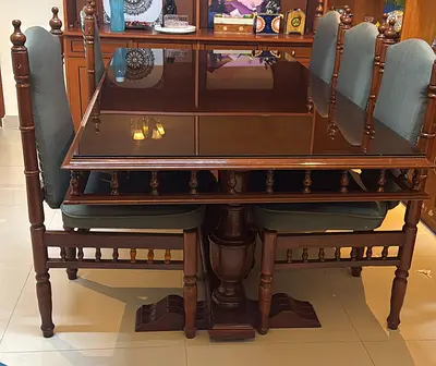 Solid Teak Wood Dining Table with Glass Top & 5 Chairs