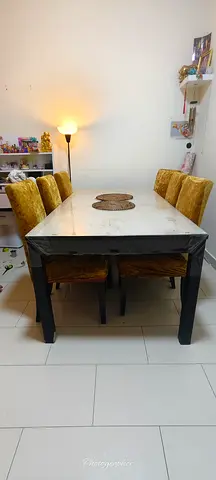 6-Seater Marble Top Dining Table with Velvet Chairs