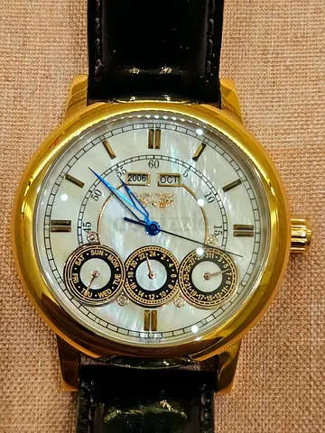 Flying Tiger Automatic Classic Men's Gold Dress Watch with Leather Strap & Multi-function Dial