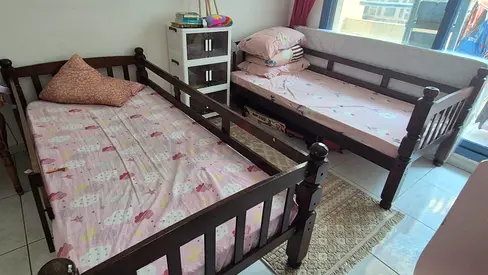 Solid wood bunk bed (double over double) with matching headboard - Good condition