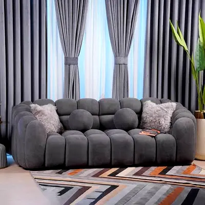 Modern Plush Grey 3-Seater Sofa, Chunky Tufted Design