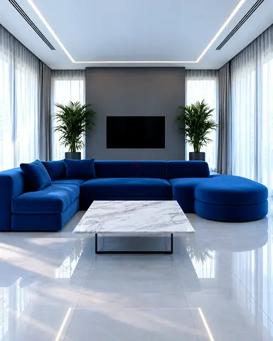 Large Modern Blue L-shaped Sectional Sofa in Good Condition