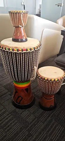 Set of 3 Hand-Carved Djembe Drums — Good Used Condition