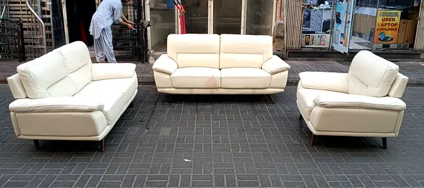 Cream leather 3-piece sofa set — 3-seater + 2-seater + single, good condition