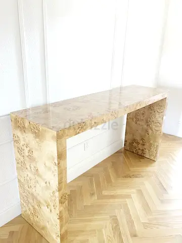 Custom Beige Marble Console Table with Modern Panel Legs