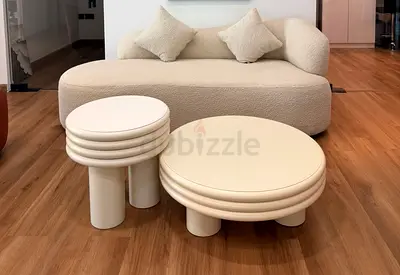 Set of 2 Cream Round Coffee & Side Tables - Modern Minimalist Design