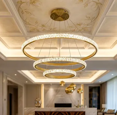 Modern Triple-Ring Crystal LED Ceiling Chandelier - Gold Finish